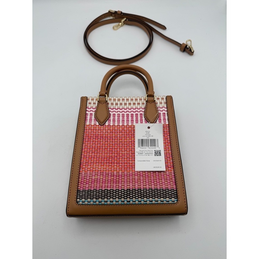 Kate Spade Manhattan Woven Stripe North South Mini Tote Pink Orange Tan Bag - Picture 3 of 7